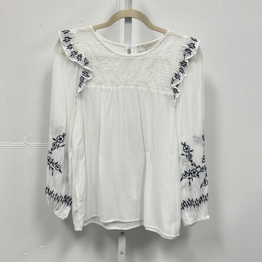 LOFT Embroidered Floral Smocked Ruffle Blouse Long Sleeve Top Small Lightweight